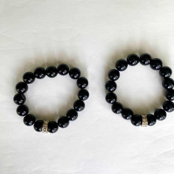 Black Beaded Stretch Bracelet Set of 2 with Gold and Rhinestone Detail - Picture 6 of 7